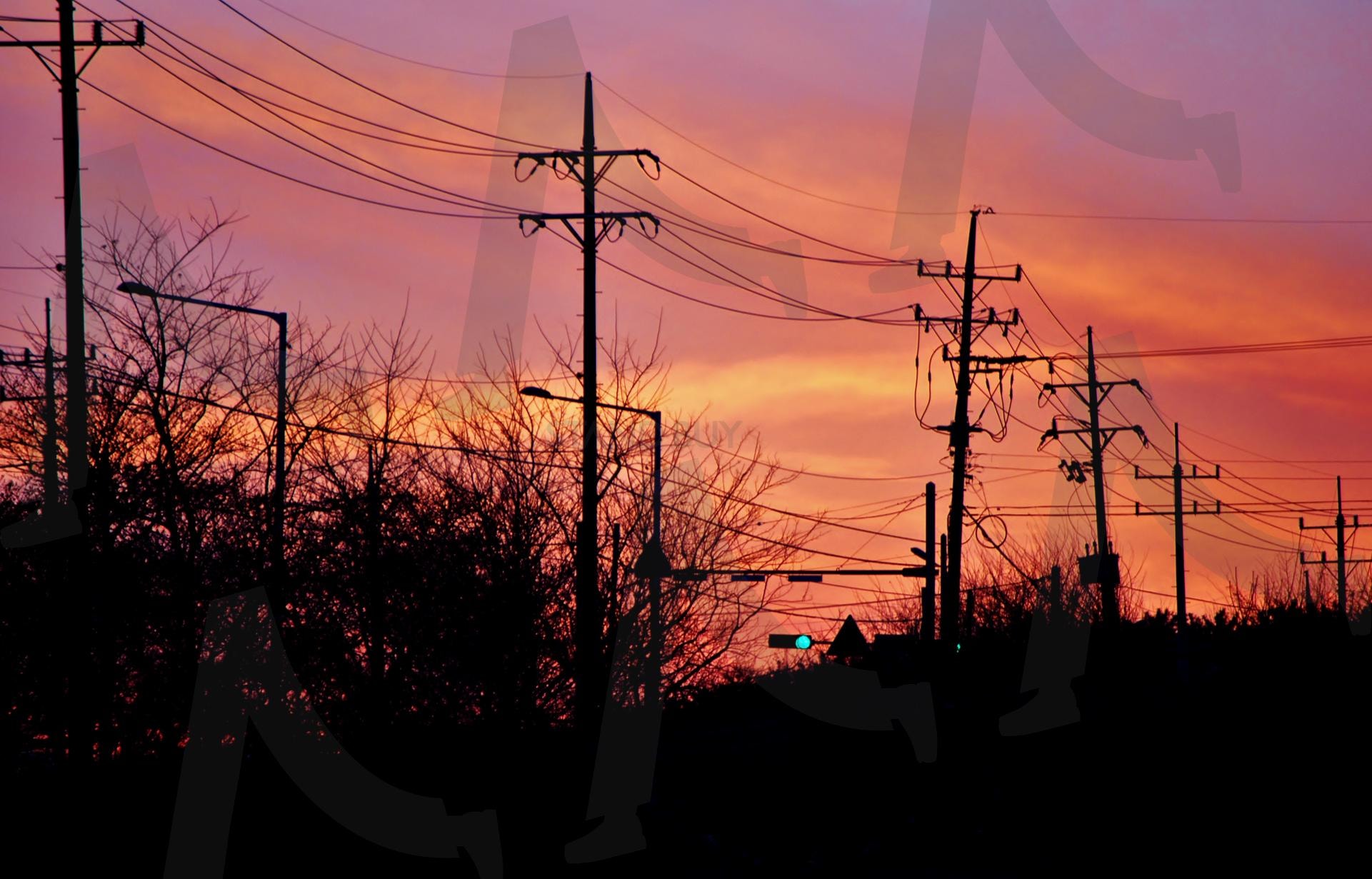 일출 풍경 | 전신주, 전선, 보라, 주황, 여명, 새벽, 일출, 신호등, 실루엣, 나무 | 스탠바이 STANDBUY 디지털 콘텐츠